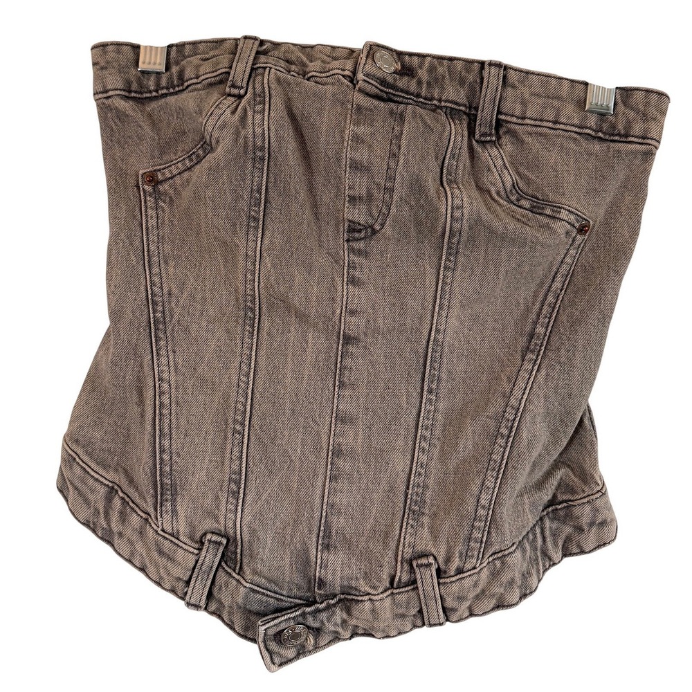 Zara Denim Corset Top XS Vintage acid‎ wash Smocked Back Zip Y2K